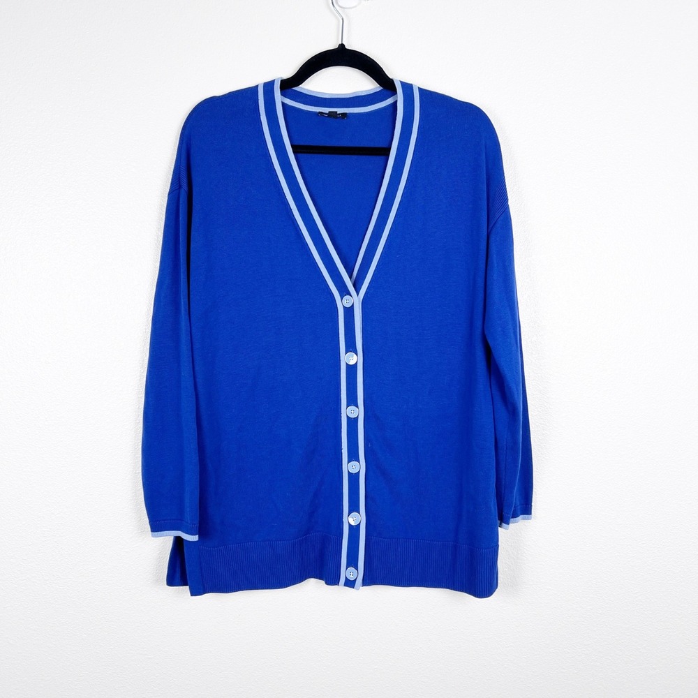 Talbots Womens Blue Piping Button Front Cardigan Sweater Petite Large LP
